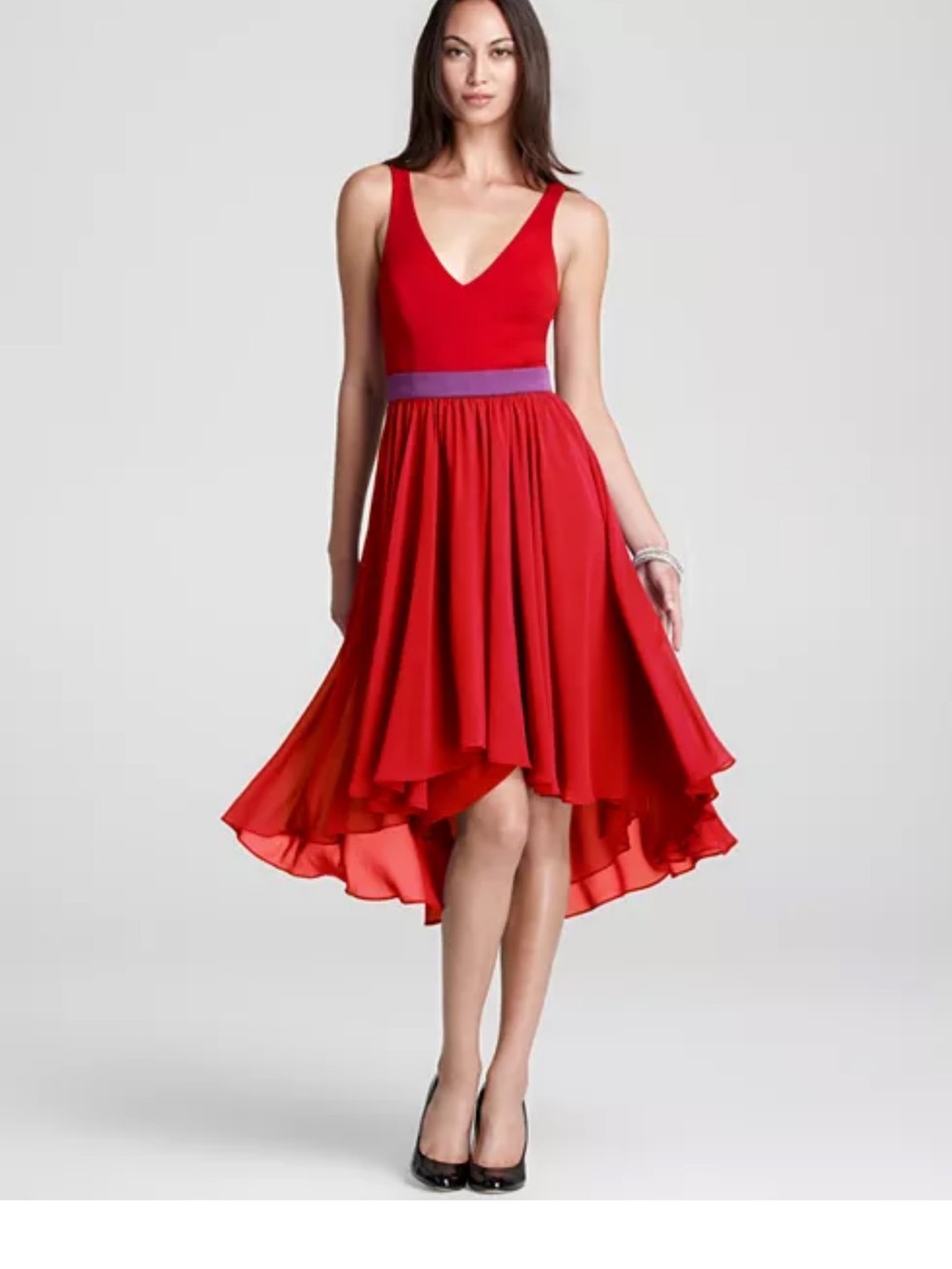 Black Halo Francise Dress With Red V-Neck High-Low & Purple Waistband